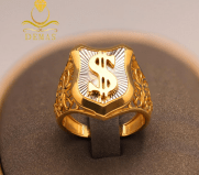 14 Ayar Altın Dolar İşaretli Polis Kalkanı Yüzük - İki Renkli Statement Yüzük - Winner's Jewelry